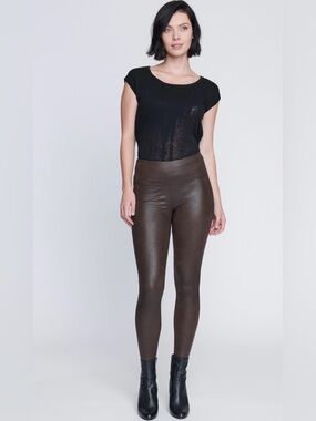 Seven7 Black & Brown High Rise Faux Leather Leggings Sz Small EUC